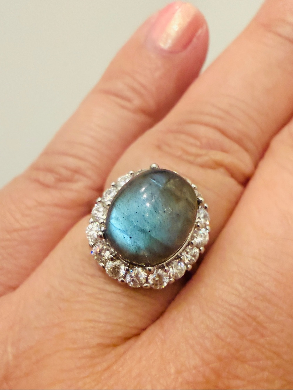 Natural Blue Flash Labradorite Halo Ring – Adjustabl Silver Statement Ring